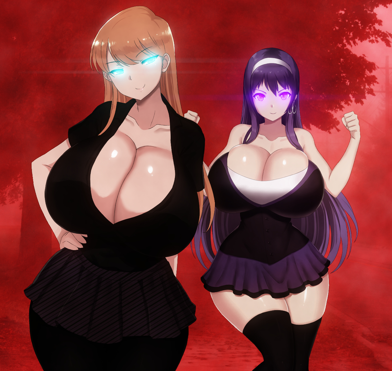 The same image as described above, only now the two demigoddesses are standing on the sidewalk next to a street covered in striking red fog.